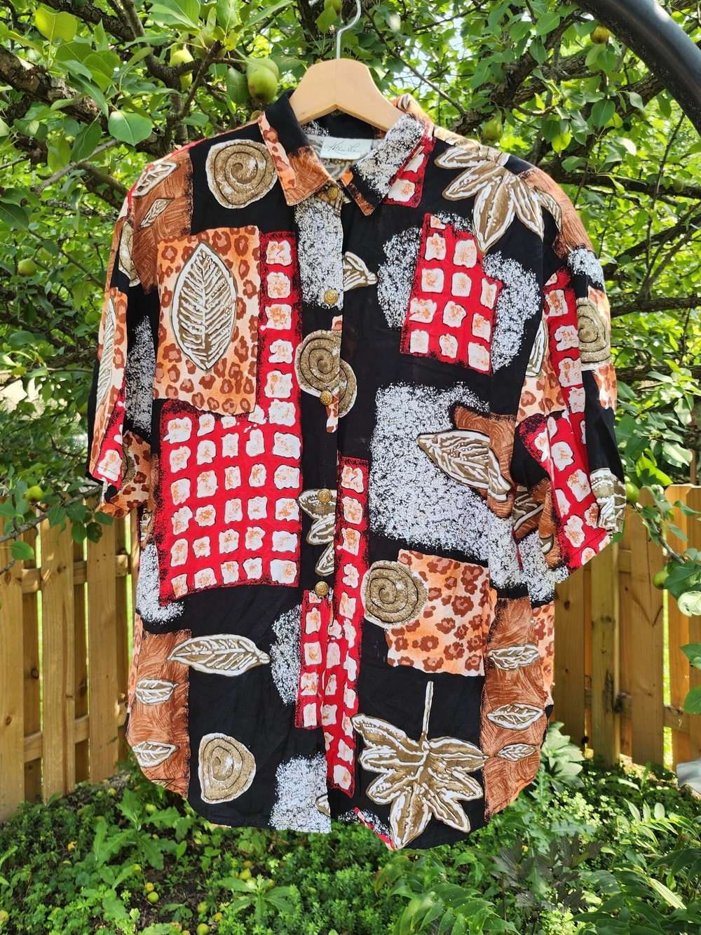 Vtg 90s Kathie Lee Collection Cheetah Leopard Leaf Ammonite Short-Sleeve Shirt